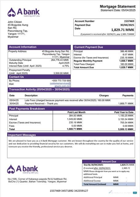 Download Myanmar A Bank mortgage statement Word and PDF template Photoshop template